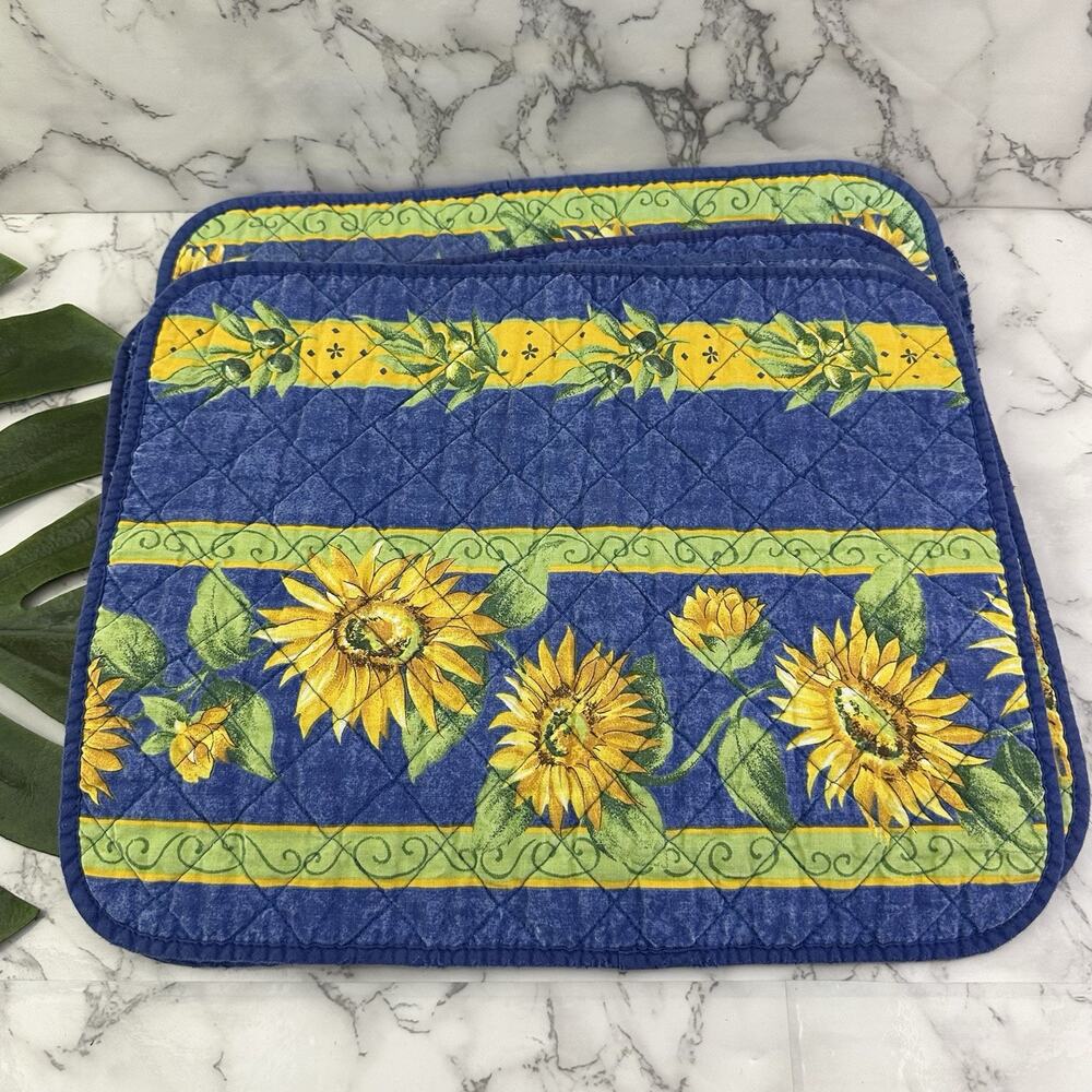 Vintage 90s Sunflower Quilted Cloth Placemats Set of 6 Blue Yellow Floral France